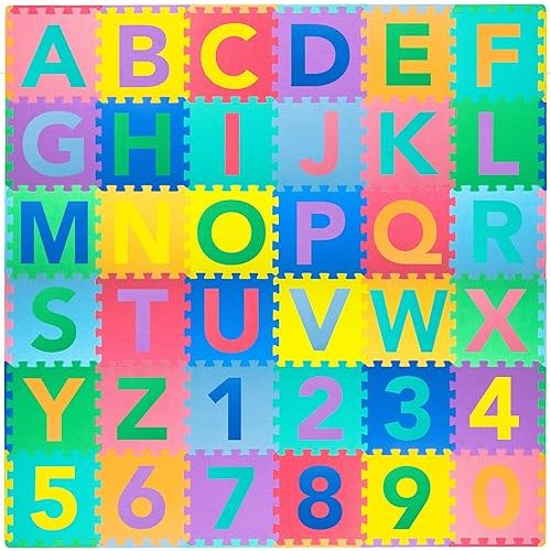 ProSource Kids Foam Puzzle Floor Play Mat with Shapes & Colors 36 Tiles, 12"x12" and 24 Borders