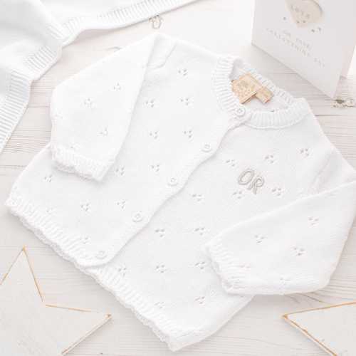 Toffee Moon Baby White Pointelle Cardigan for Christening, Baptism, Baby Shower, Personalised Cardigan with embroidered initials block font