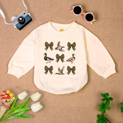 Duck Hunt Camo Coquette Bow Romper Sweatshirt, Newborn Outfit, Camouflage Bow Baby Clothes, Baby Shower Gift, Wildlife Baby Outfit