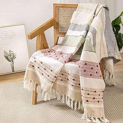 AELS Decorative Boho Striped Textured Throw Blanket with Fringes & Tassels 50" x 60" for Couch Sofa Bed, Mid Century Tufted Blanket, Colorful, Fringed Bohimian Throw Blanket