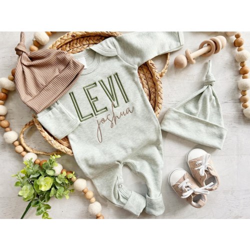 Personalized green and taupe newborn outfit, coming home outfit for baby boy, baby boy outfit, hospital outfit for boy, baby boy romper