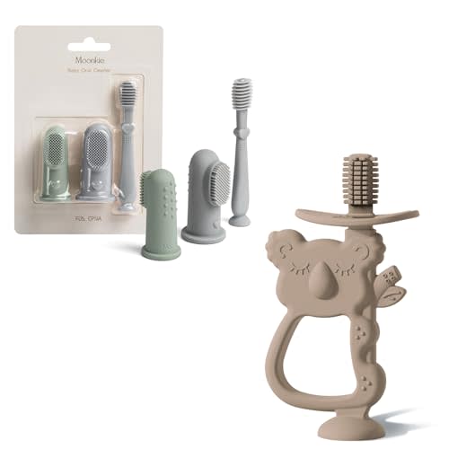 Moonkie Baby Oral Care & Teething Kit | 3-Piece Finger Toothbrush, Tongue Cleaner & 360° Teething Toy | BPA-Free Silicone for Babies 3-12 Months | Suction Base, Safe, Easy to Hold, Ideal for Teething