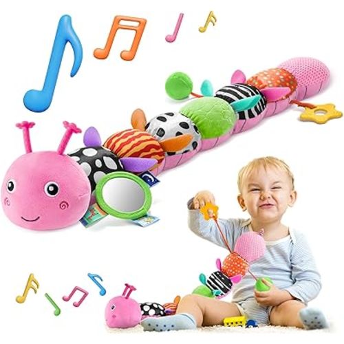 HEMRLY Baby Girl Toys for 0-6 Months, Musical Plush Caterpillar Infant Sensory Toy with Baby Mirror&Crinkle Rattle,Pull String,Teething, Tummy Time Newborn Gifts for 0-3-6-12 Boys Girls - Pink Leaf