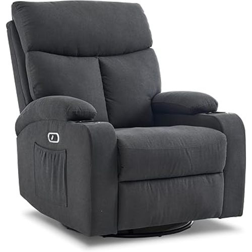 Power Swivel Rocker Recliner Massage Chair for Adults, Electric Rocking Recliner Glider Chairs for Living Room with USB and Type-C Ports,Fabric Reclining Sofa Chair (Charcoal Gray)