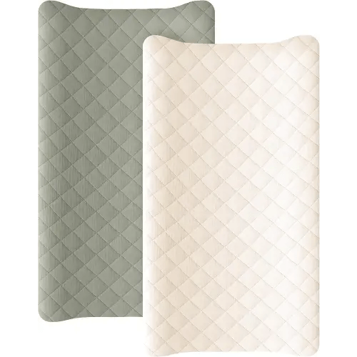 Konssy Waterproof Muslin Changing Pad Cover 2 Pack, Quilted Cotton Fitted Diaper Chang Table Cover, Soft Changing Pad Sheets for Girls Boys (Fog Green,Cream)