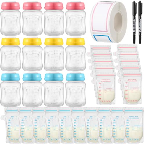 Threlaco 12 Pack Breast Milk Storage Bottles 6oz 180ml with 60 Pieces Breastmilk Storage Bags, Reusable Wide Neck Breast Pump Bottles with 250 Pieces Handwriting Stickers and 2 Marker Pens