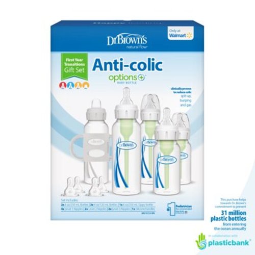 Dr. Brown's Anti-Colic Newborn Baby Bottle Gift Set, Clear with Gray, Plastic