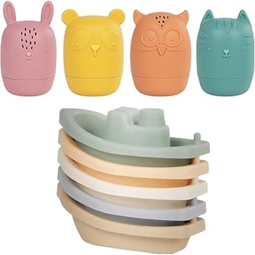 Baby Bath Toys Stackable Boats with Soft Silicone Squirt Water Animal Toys, 9 Pcs Floating Stacking Boat Bathtub Shower Water Toys, Pool Beach Toys Birthday for Toddler Kids 1-3