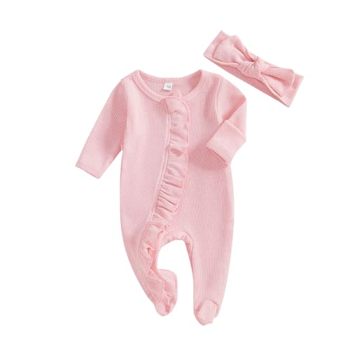 Ayalinggo Newborn Baby Romper Infant Girl One-piece Outfit Waffle Ruffle Zip Footie Spring Summer Clothes With Bow Headband