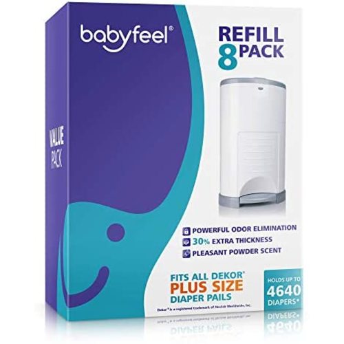 Babyfeel Refills Compatible with DEKOR PLUS Diaper Pails | 8 Pack | Exclusive 30% Extra Thickness | Diaper Pail Refills with Powerful Odor Elimination | Fresh Powder Scent | Holds up to 4640 Diapers