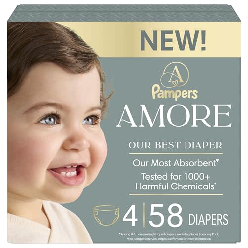 Pampers Amore, Size 4 (15-34 lbs), 58 Count, Our Best Diaper – Hypoallergenic & Fragrance Free, Up to 100% Leakproof, Soft as Cashmere
