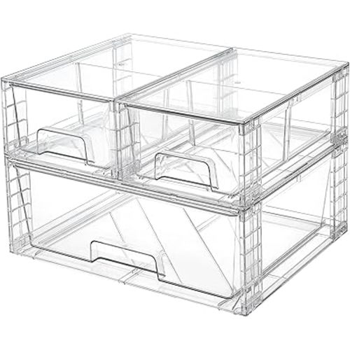 Vtopmart 3 Pack Stackable Storage Drawers, Easily Assemble Acrylic Bathroom Undersink Organizers,Clear Plastic Storage Bins for Closet,Cabinet,Pantry,Medicine Organization