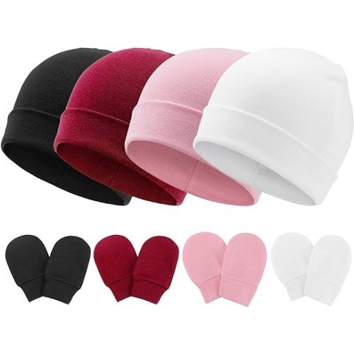 DRESHOW BQUBO Baby Hats and Mittens Infant Cotton Beanie Gloves No Scratch Set Newborn Hospital Hat for Boys Girls