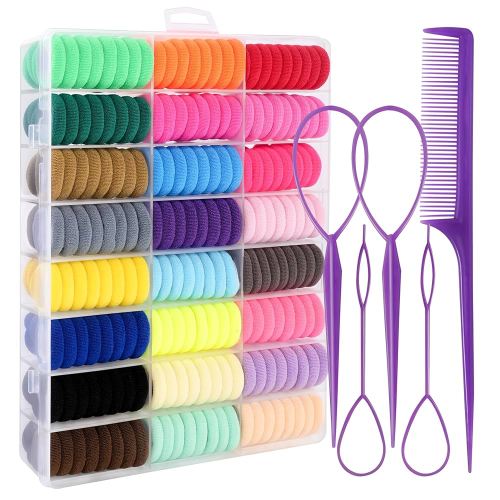 360 Pcs Baby Hair Ties, 24 Colors Cotton Toddler Hair Ties with Organizer Box, 1 Inch Seamless Baby Hair Bands for Toddler Girls, Soft Elastic Ponytail Holders with 5 Hair Loop Styling Tools