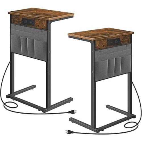 HOOBRO C Shaped End Table Set of 2 with Charging Station, 28" Tall Couch Table for Couch and Recliner for Small Spaces, Slide Under Sofa Tray with Storage Bag for Living Room, Rustic Brown BF70USFP201