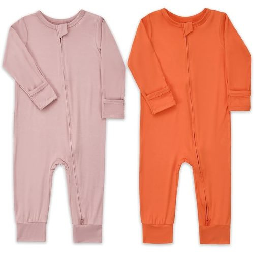 Aablexema Baby Footless Pajamas Zipper with Mitten, Infant Viscose Long Sleeve Romper Pjs - Newborn - Coral & Pinkpurple