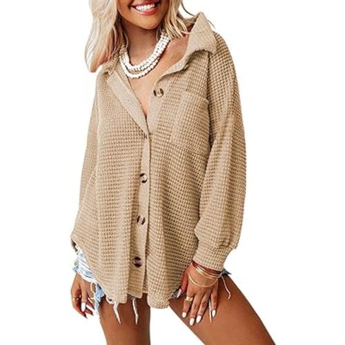 Dokotoo Womens Waffle Knit Shacket Jacket Casual Long Sleeve Button Down Shirts Dressy Blouses Tops