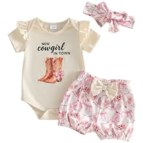 Amnnchya Newborn Baby Girl Clothes Cowgirl Short Sleeve Romper Shirt Tops Bow Shorts Summer Spring Set Infant Western Outfit