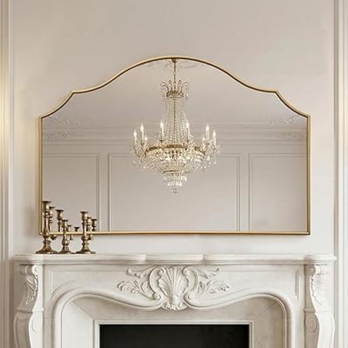 Besdomus Large Scalloped Gold Mirror: 47"x31" Modern Minimalist Wood Frame Wall Mirror - Decorative Vanity Arched Mirrors for Bathroom/Dresser/Entryway/Fireplace/Living Room - Stylish Home Decor