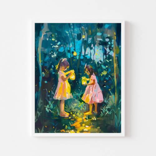Sisters Catching Fireflies Painting | Magical Summer Night Wall Art Print | Girl's Room Printable | Whimsical Lightning Bug Digital Download