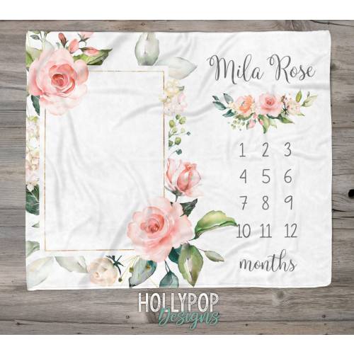 Floral Baby Girl Milestone Monthly Growth Blanket, Soft Fleece Baby Blanket, Newborn Baby Milestone Blanket, Pink Floral Girl Month Blanket