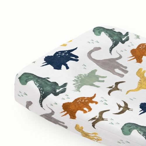 Little Unicorn – Dino Friends Changing Pad Cover | 100% Cotton Muslin | Super Soft | Baby Diaper Changing | Machine Washable | 16” x 32”