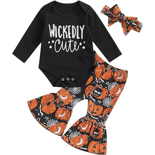 Newborn Baby Girl Halloween Clothes Long Sleeve Romper Tops Pumpkin Bell-Bottom Pants Headband Infant Fall Outfits