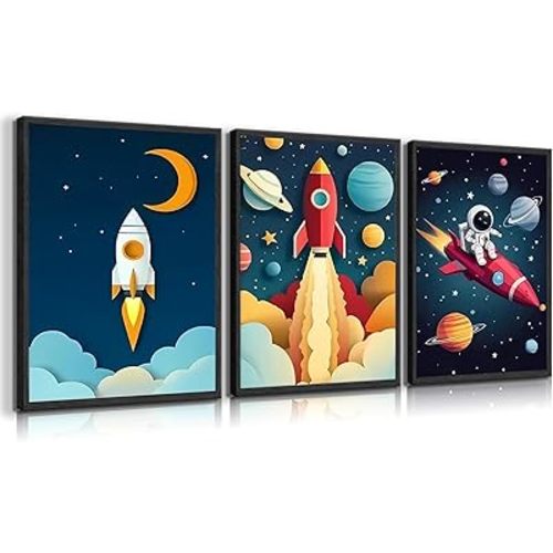 3Pcs Astronaut Wall Art Space Wall Art Toddler Boy Wall Decor Kids Room Wall Decor Boys Room Poster Prints Nursery Canvas Pictures Rocket Astronaut Painting Pictures (12x16in Poster)