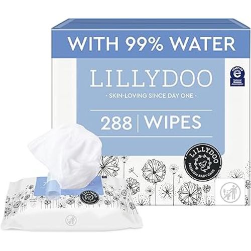 LILLYDOO Baby Wipes with 99% Water – Unscented, Hypoallergenic, Plant-Based, Strong & Plastic-Free, Compostable, 4 resealable Packs x 72 (288 Wipes Total)