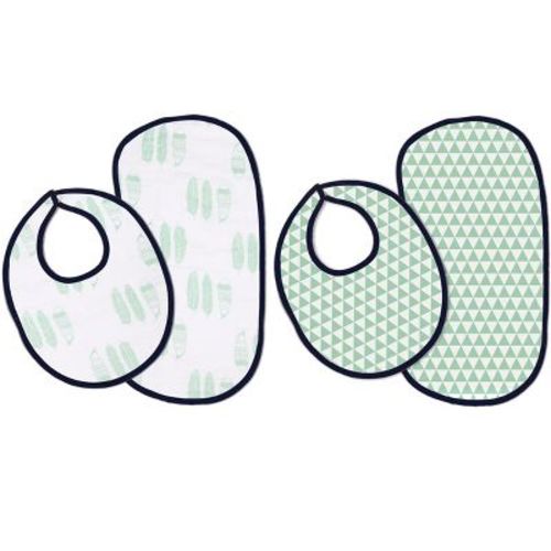 Bacati - Noah Navy/Mint Feathers/Triangles Muslin 4 pc set of Bibs & Burp Cloths Set