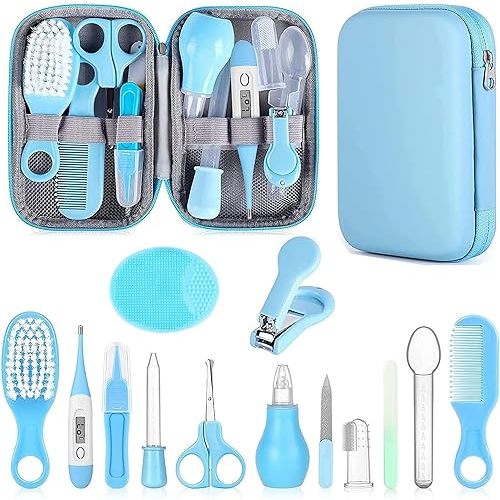 Baby Grooming Kit, Infant Safety Care Set with Hair Brush Comb Nail Clipper Nasal Aspirator,Baby Essentials Kit for Newborn Girls Boys (Blue)