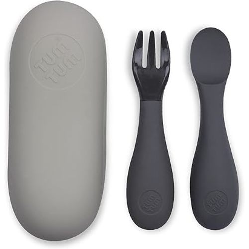 TUM TUM Baby Cutlery with Case, Baby Spoon & Fork Set, Baby Cutlery for Babies, First self Feeding Cutlery, Silicone Baby Spoon & Fork, 6 Months Plus, (Grey)