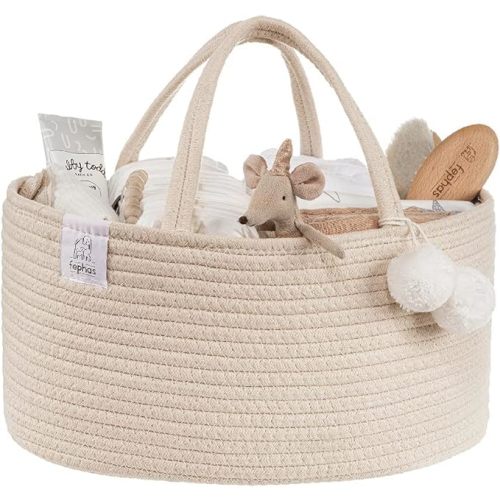 fephas Baby Diaper Caddy Organizer- Rope Nursery Storage Bin- Portable Diaper Storage Basket for Changing Table and Car- Perfect Baby Shower & Registry Gift (Beige)