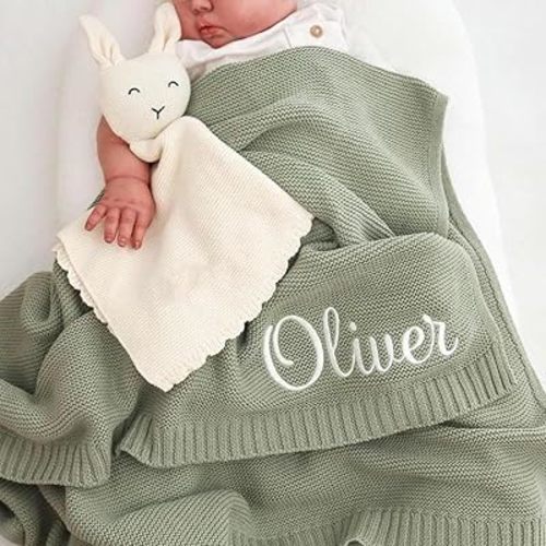 Personalized Baby Knit Blanket, Custom Embroidered with Name 30x40in Nursery Blanket Gifts for Newborn Baby Boy and Girl, Newborn Holiday Shower Gift