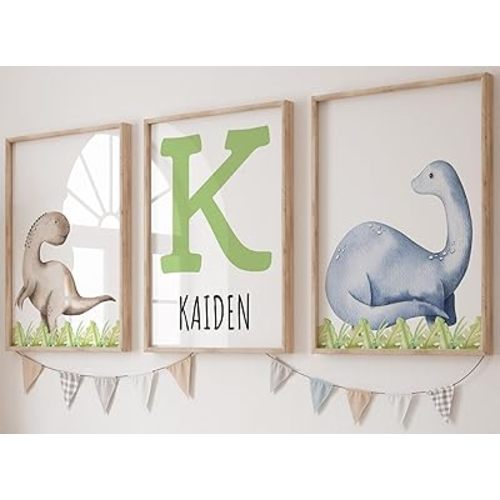 Baby Dinosaurs Set of 3 Unframed Poster Prints for Boy Girl Nursery Bedroom Playroom, Watercolor Dinosaur Theme Decor, Tyrannosaurus Brachiosaurus Triceratops Pterodactylus Velociraptor, Blue Green (8x10)