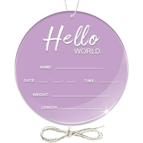 Baby Announcement Sign, 6.7 Inch Hello World Newborn Sign, Thickness Upgrade Birth Announcement Sign for Hospital, Baby Name Sign for Nursery Baby Shower (Purple)