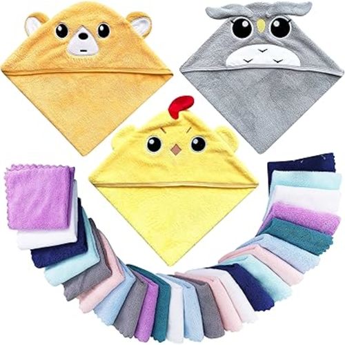 3 Pack Baby Hooded Bath Towel with 24 Count Washcloth Sets for Newborns Infants & Toddlers, Boys & Girls - Baby Registry Search Essentials Item - Chicken, Bear, Eagle
