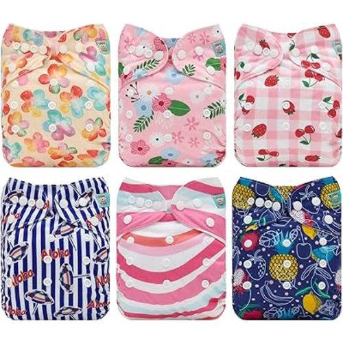 ALVABABY Baby Cloth Diaper 6 Pack with 12 Inserts One Size Cloth Diaper Covers Adjustable Washable Reusable for Baby Girls and Boys