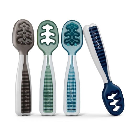 NumNum Baby Spoons Set, Baby Essentials Pre-Spoon GOOtensils for 6+ Months, First Stage Self-Feeding Spoons for Baby Led Weaning (BLW), Silicone Toddler Utensils, BPA-Free, 4 Pack Beach Picnic