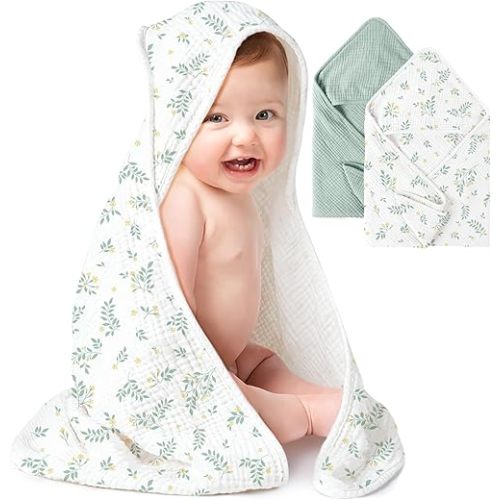 Konssy 2 Pack Muslin Hooded Baby Towels for Newborn Soft 100% Cotton Baby Bath Towel with Hood for Baby, Infant Ultra Absorbent, Baby Stuff Baby Bath Shower Gifts (Green, Leafy,30" x 30")