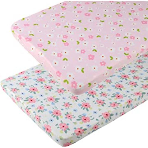 Pack n Play Playard Fitted Sheets 2 Pack Set for Baby Girl Soft Stretchy Jersey Knit Portable Mini Crib Mattress Cover, Pink Floral