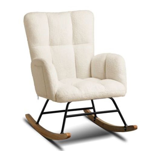 COMHOMA Modern Nursery Rocking Chair with Ottoman, Teddy Upholstered Glider Accent Chair with Side Pockets, High Backrest, Beige