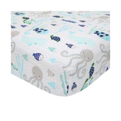 Oceania 100% Cotton Blue/Gray/White Whale with Octopus and Fish Nautical Ocean Theme Fitted Crib Sheet