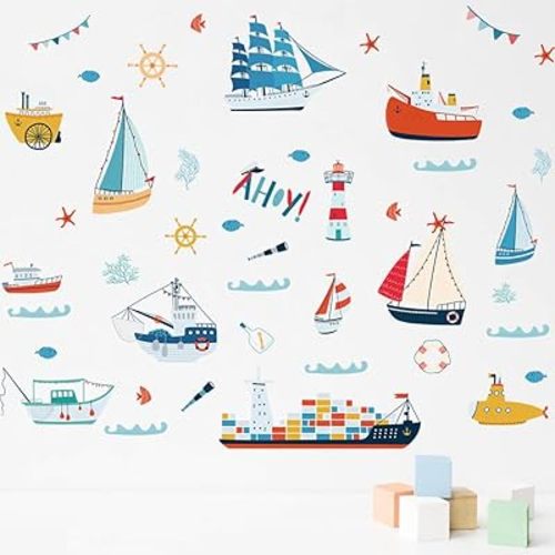 DIY Cartoon Sailboat Wall Stickers Peel and Stick Vinyl Ship Wall Decals for Nursery Kindergarten Badroom Living Room