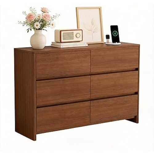 6 Drawers Dresser for Bedroom, 47" Wide Modern Wooden Chest, Built-in Charging Station & Kid-Friendly Curved Edges, Large Storage Organizer for Bedroom/Living Room, TV Stand, Walnut