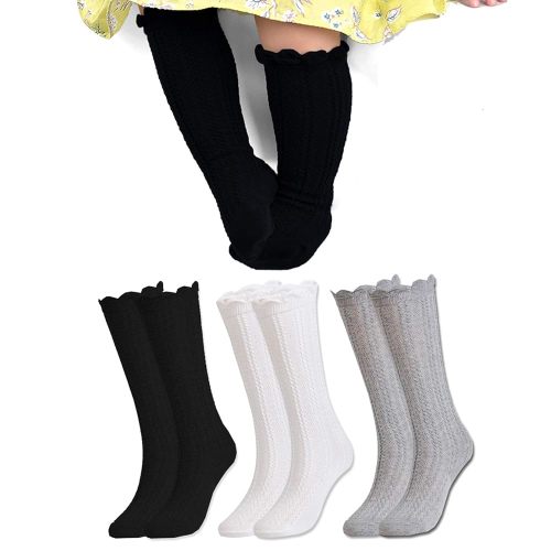 EPEIUS Baby Girls Knee High Socks Cotton Uniform Socks Tube Ruffled Stockings Newborn Infant Toddler (Pack of 3/5)