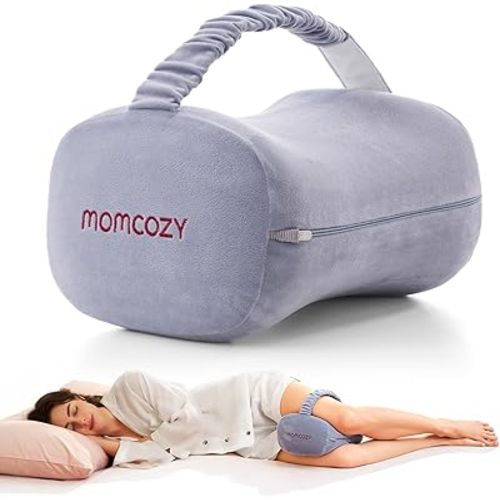 Momcozy Knee Pillow for Side Sleepers, Soft Memory Foam & Pinch-Free Design, Relieve Knee, Leg and Sciatica Pain, Adjustable Elastic Strap Ideal for Pregnant Women and Seniors, Crystal Velvet in Gray