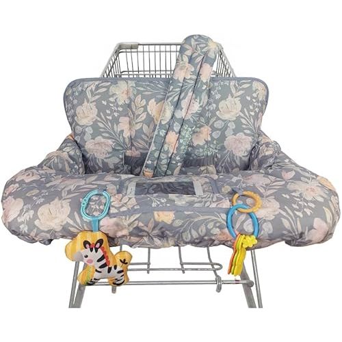ICOPUCA Shopping Cart Cover for Baby, 2 in 1 cart Cover for Babies N high Chair Cover, Padded Grocery cart seat Cover for Baby Girl boy, with 1” Thick/Removable/Reversible Cushion, Flowers;