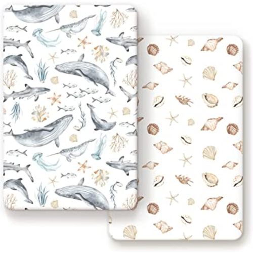 GRSSDER Stretchy Super Soft Jersey Knit Fitted Pack n Play Sheets Set 2 Pack,Portable/Mini Crib Sheets Snug and Safe,Beautiful Marine Organism for Boys and Girls
