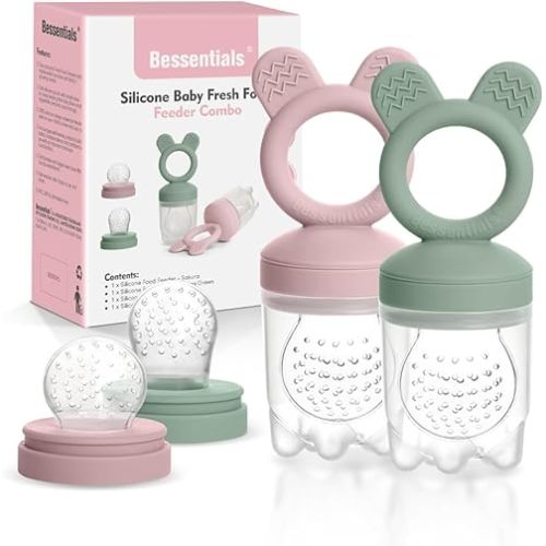 Bessentials Baby Fresh Fruit Food Feeder - 2 Pack Silicone Baby Mesh Feeders for Infant Safe Self Feeding |3 Sizes Food Pouches Included| Suitable for Baby 4m+ (Light Pink & Grass Green)
